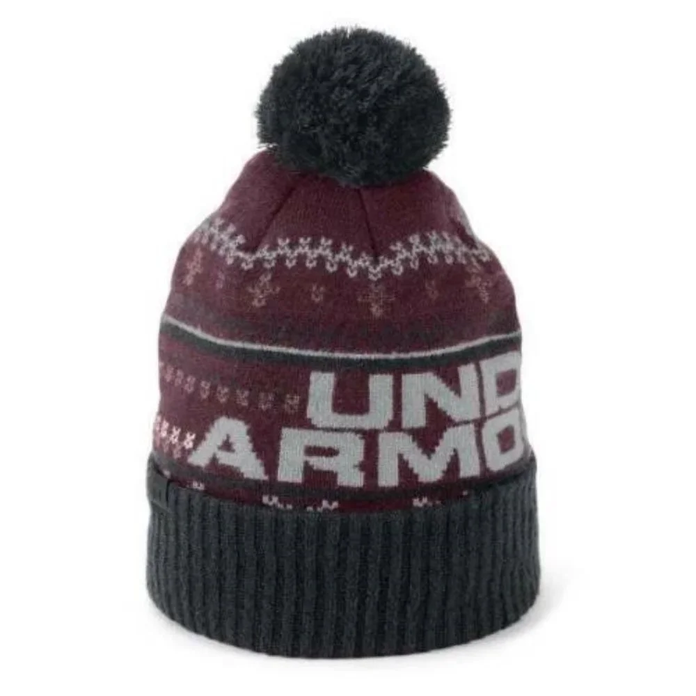 Under Armour Winter Hat Red Retro Pom Pom Beanie Cuffed Knit OS Teen Adult